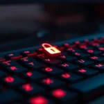 Close-up of gaming keyboard with red warning light and padlock symbol illuminated, dark atmospheric lighting, cybersecurity theme, photorealistic, no UI elements