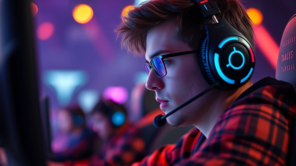 Professional esports player in intense competitive match, focused expression, RGB lighting, gaming headset, high-stakes tournament environment, dramatic lighting