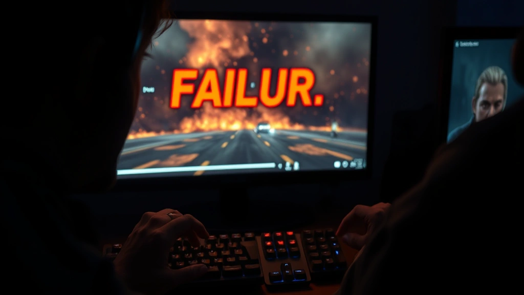 Gamer experiencing failure moment, character defeated on screen, hands on keyboard, frustrated expression, dark gaming room with monitor glow, consequences moment