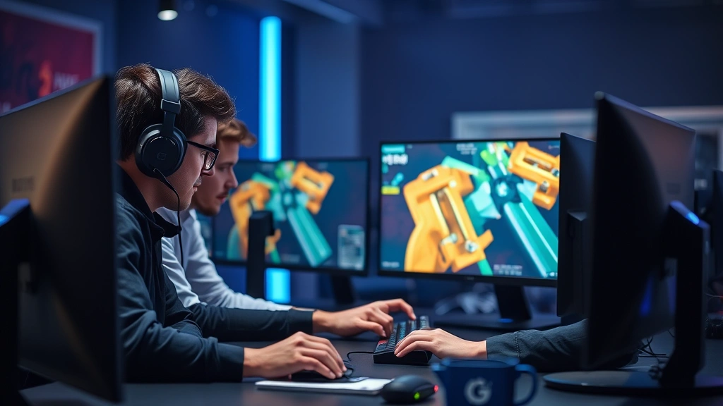 Competitive gaming team communicating strategically, multiple monitors visible, collaborative decision-making, professional setup, teamwork and coordination emphasis