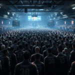 Crowded underground game arena with hundreds of players in numbered tracksuits standing together, dramatic lighting, photorealistic, no visible text or UI elements
