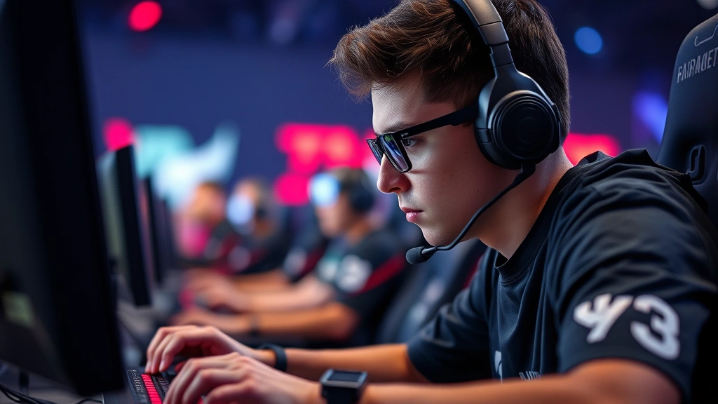 Professional esports player in intense concentration during high-stakes tournament, hands positioned over game controls, dramatic lighting highlighting focused expression