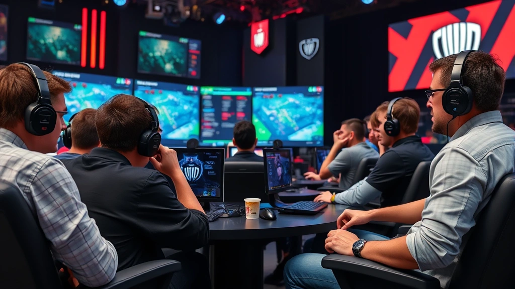 Multiple competitive gamers seated around tournament arena, analyzing strategic decisions on large displays, tension visible in body language and facial expressions