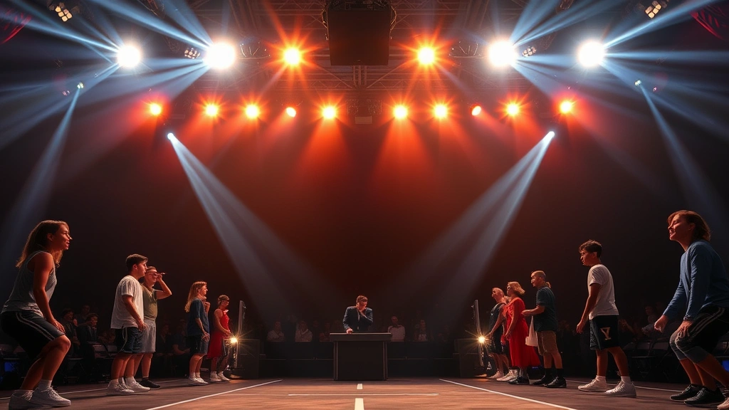 Final tournament stage with remaining elite players facing critical elimination challenge, dramatic overhead lighting, competitive atmosphere, determination on faces