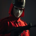Close-up of a masked figure in red and white guard uniform standing in shadow, holding a gun, intense dramatic lighting, cinematic Korean thriller style photography