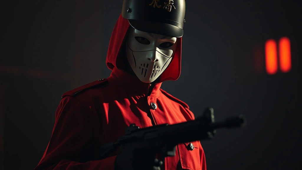 Close-up of a masked figure in red and white guard uniform standing in shadow, holding a gun, intense dramatic lighting, cinematic Korean thriller style photography