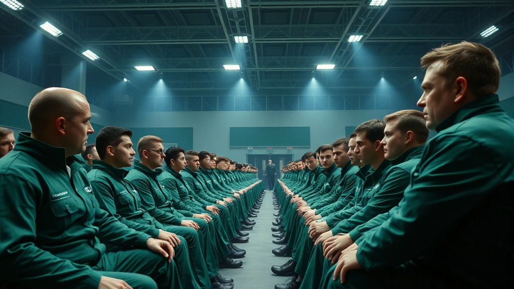 Multiple players sitting in rows wearing identical green jumpsuits during briefing, tense atmosphere, overhead lighting, realistic competition reality show aesthetic