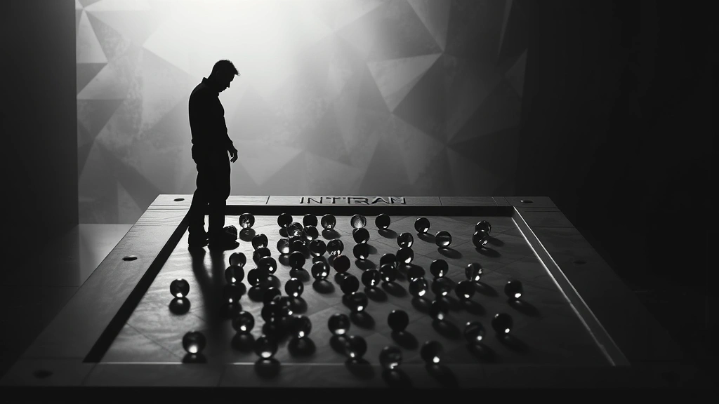 Silhouette of a solitary player standing against geometric marble game board with scattered glass marbles, moody atmospheric lighting, high contrast dramatic composition