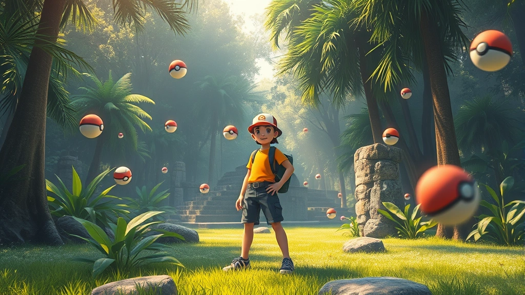 A Pokémon trainer standing confidently in a lush Kanto forest clearing, surrounded by swirling Poké Balls in the air, vibrant tropical vegetation and ancient stone ruins visible in the background, golden afternoon sunlight filtering through dense canopy, photorealistic style