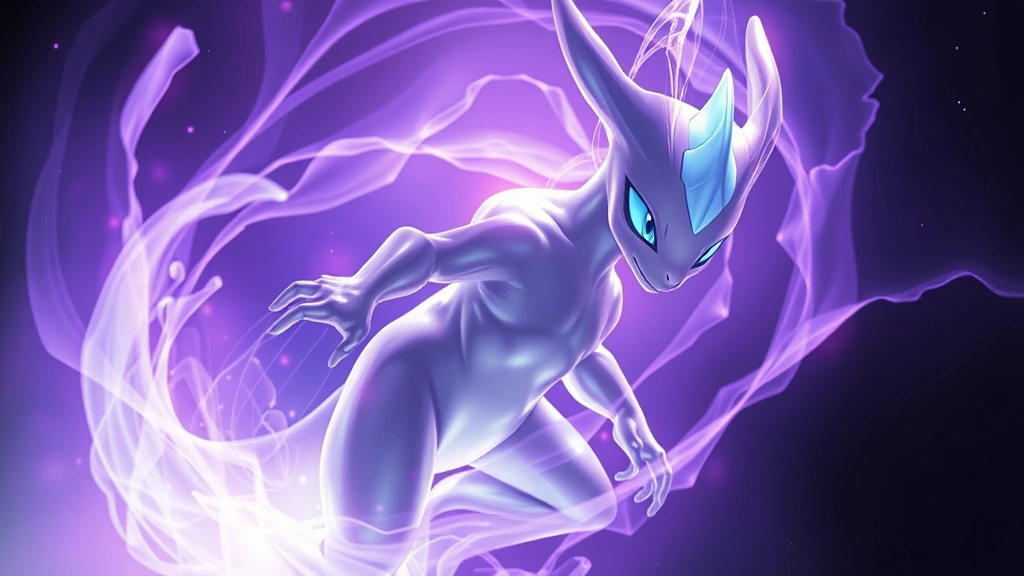 Close-up of a powerful shiny Mewtwo emerging from ethereal purple psychic energy vortex, crystalline aura surrounding its form, dramatic lighting with deep shadows and bright highlights, photorealistic digital art style, no UI elements