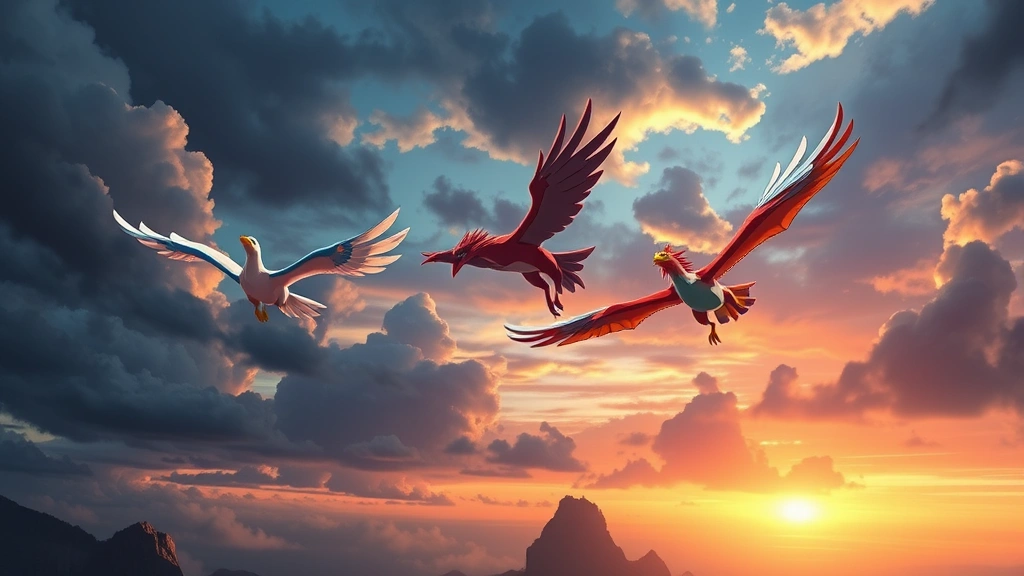 A legendary bird trio—Articuno, Zapdos, and Moltres—soaring majestically across a dramatic sky above Cerulean Cave, dynamic action poses mid-flight, storm clouds and sunset colors creating epic atmosphere, photorealistic fantasy illustration style