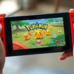 Close-up of a Nintendo Switch console displaying a Pokémon game on its screen, held in hands, with vibrant game graphics visible, natural lighting, photorealistic