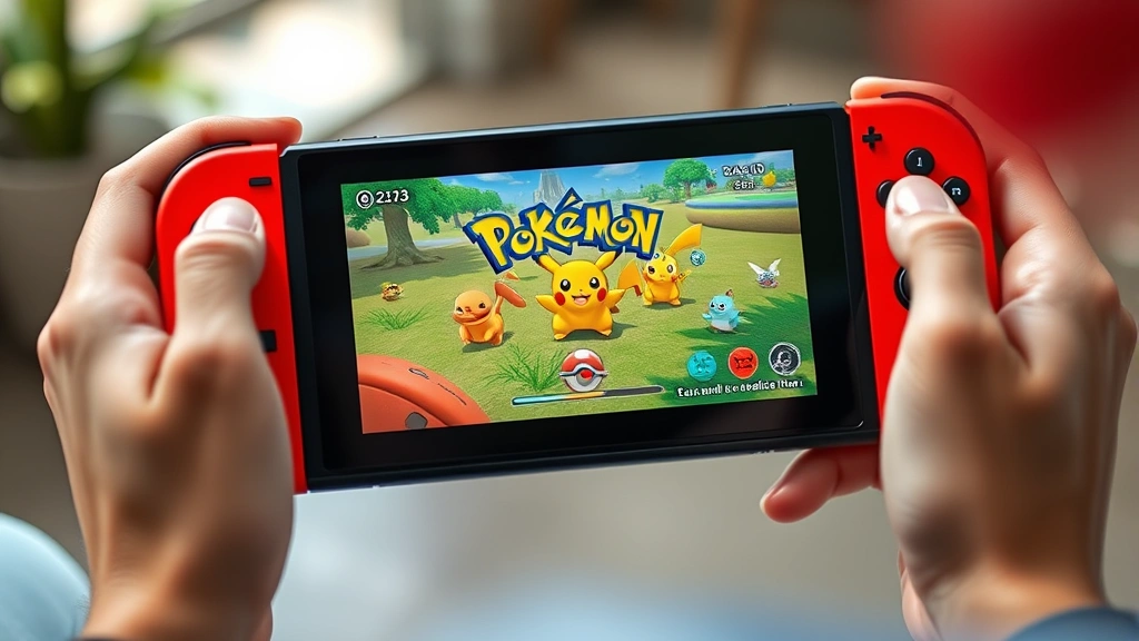 Close-up of a Nintendo Switch console displaying a Pokémon game on its screen, held in hands, with vibrant game graphics visible, natural lighting, photorealistic
