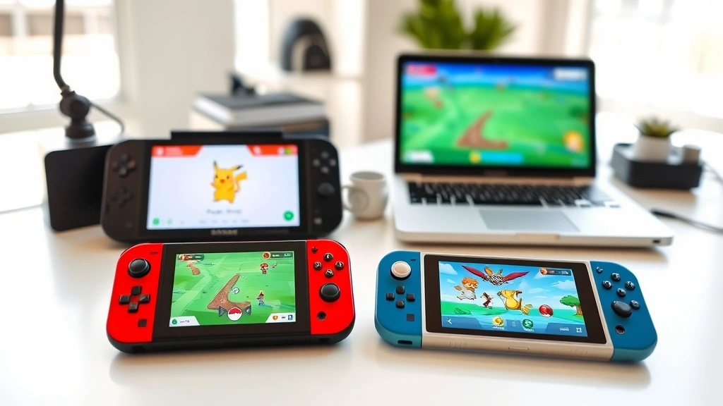 Multiple gaming devices arranged on a desk including smartphone, tablet, and laptop showing different Pokémon game interfaces, modern setup, bright natural lighting