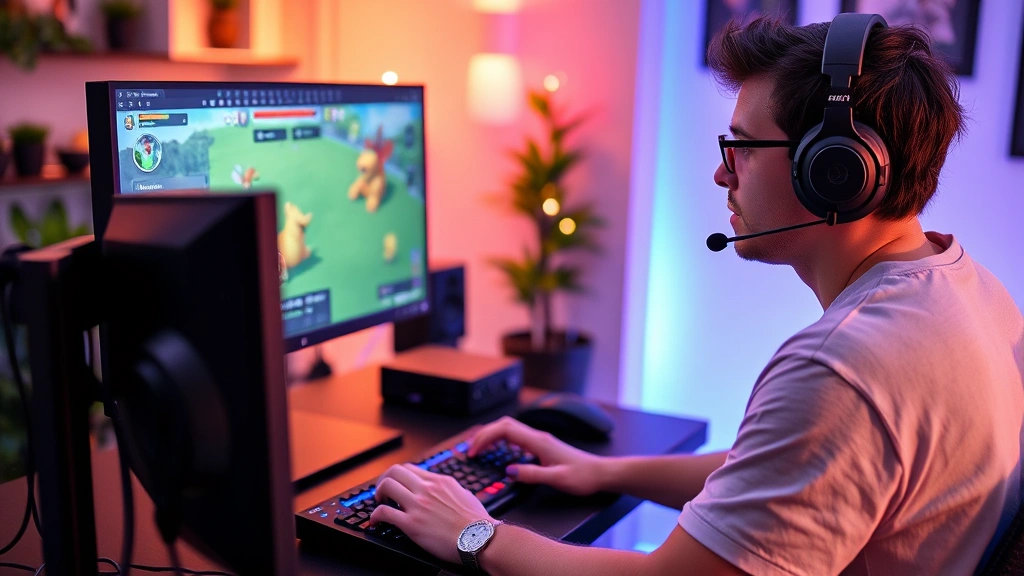 A gamer at a computer setup with gaming peripherals and headphones, playing a Pokémon battle simulator in a web browser, focused expression, gaming room ambiance