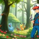 A player character wearing a blue ranger uniform standing confidently in a lush forest environment with colorful Pokémon creatures visible among trees and flowers, holding a stylus device, photorealistic Nintendo DS era art style