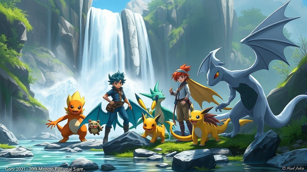 A diverse team of Pokémon characters working together in a natural environment like a waterfall or mountain landscape, showing cooperation and harmony between humans and creatures, photorealistic fantasy art style