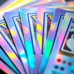 Close-up photography of holographic Pokémon trading cards fanned out, showing intricate rainbow reflections and vintage card designs from the 1999 Base Set era, professional macro photography, natural lighting highlighting card texture and detail