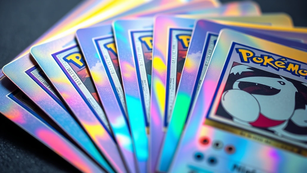 Close-up photography of holographic Pokémon trading cards fanned out, showing intricate rainbow reflections and vintage card designs from the 1999 Base Set era, professional macro photography, natural lighting highlighting card texture and detail