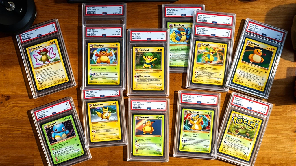 Overhead flat lay composition of graded Pokémon cards in protective PSA slabs arranged on a wooden desk, showing multiple cards with certification numbers visible, soft natural light, organized collection display setup