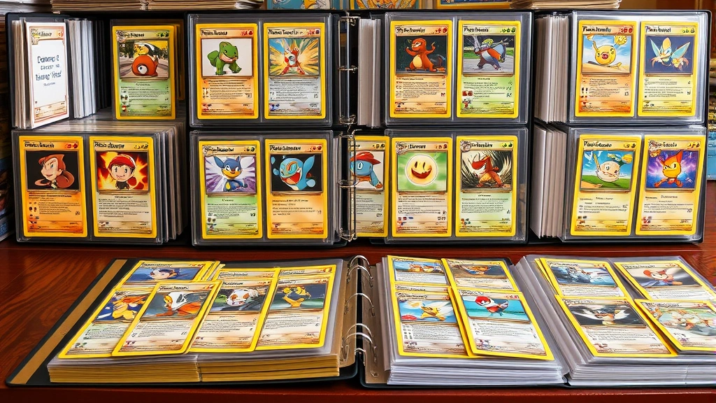 Wide shot of a vintage Pokémon card collection displayed in premium binder pages and storage boxes, showing organized card preservation setup with acid-free sleeves, professional storage environment, collection showcase