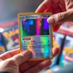 Collector's hands carefully examining a holographic Pokemon card under bright lighting, showing the card's rainbow shimmer effect with blurred booster packs in background