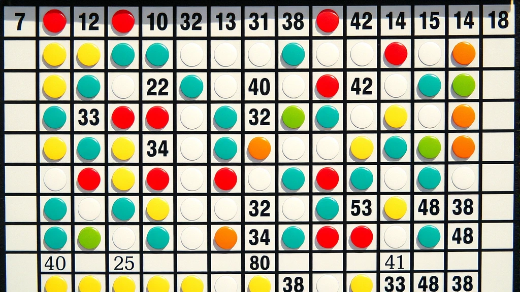 Close-up overhead view of a completed Pokeno grid with colorful marked squares and winning patterns highlighted, showing professional tournament-style gameplay in natural lighting