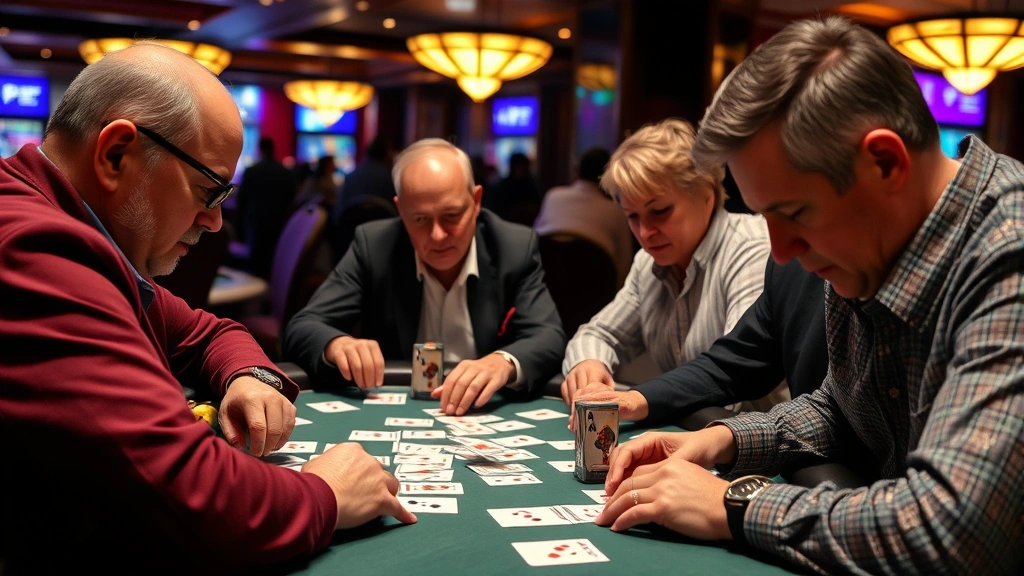 Action shot of experienced Pokeno players concentrating during a competitive match, hands hovering over cards, intense focus visible on faces, upscale gaming venue setting