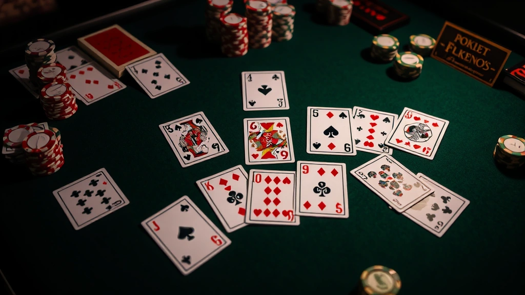 Detailed flat-lay composition of Pokeno cards arranged in strategic patterns on a gaming table with chips stacked nearby, dramatic lighting emphasizing the game components