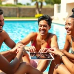 Group of diverse friends laughing while playing party games on a tablet by a sparkling swimming pool on a sunny day, summer casual atmosphere