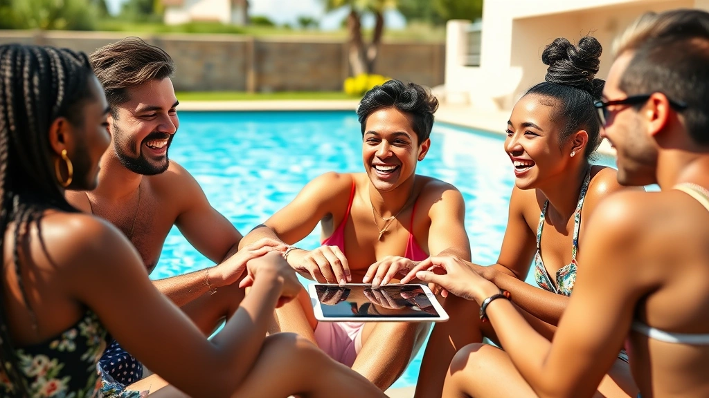 Group of diverse friends laughing while playing party games on a tablet by a sparkling swimming pool on a sunny day, summer casual atmosphere
