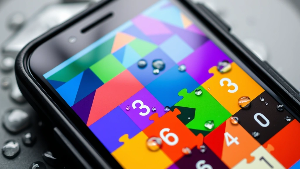 Close-up of colorful puzzle game on smartphone screen with vibrant geometric shapes and numbers, water droplets visible on protective case nearby
