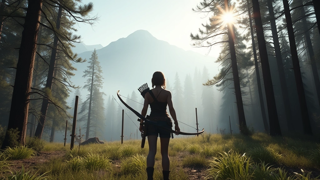 First-person perspective of a young female tribute standing in a misty forest arena with distant mountains, holding a bow, sunlight filtering through trees, photorealistic survival game atmosphere, no UI elements