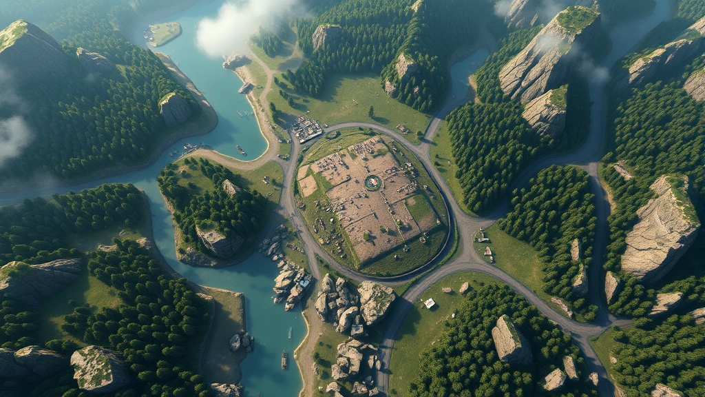 Aerial view of a diverse game arena landscape showing water sources, forest sections, rocky terrain, and a central clearing, photorealistic map design, no text or markers
