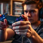 A gamer holding a PlayStation 3 controller with intense focus, blue LED lights glowing, sitting in a gaming chair with multiple PS3 game cases visible on a shelf behind them, photorealistic, professional gaming setup aesthetic
