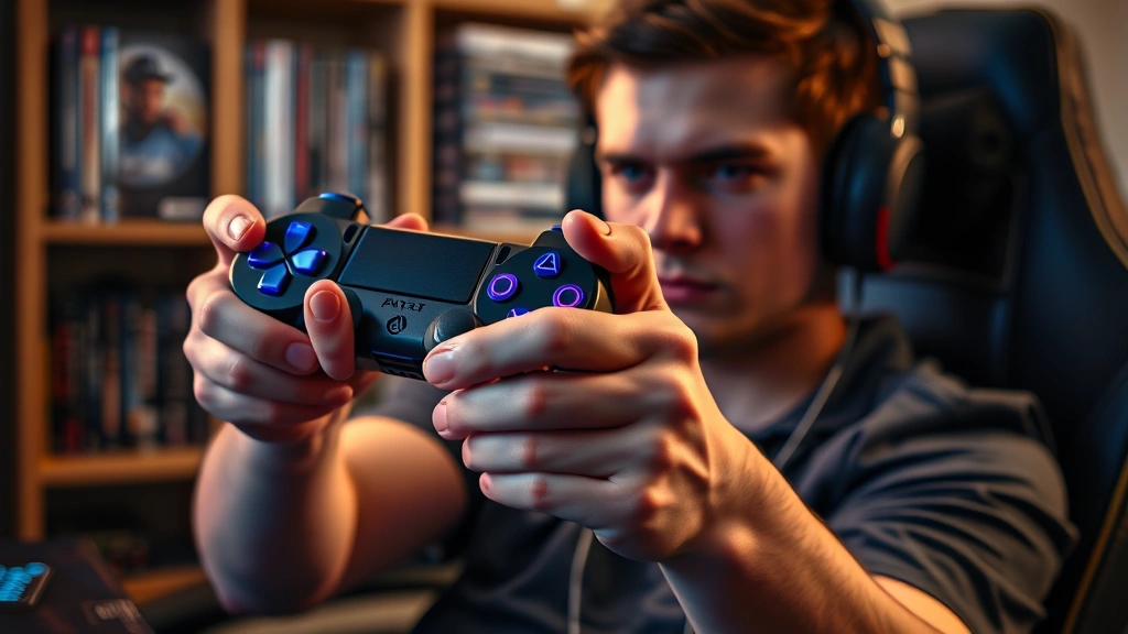 A gamer holding a PlayStation 3 controller with intense focus, blue LED lights glowing, sitting in a gaming chair with multiple PS3 game cases visible on a shelf behind them, photorealistic, professional gaming setup aesthetic