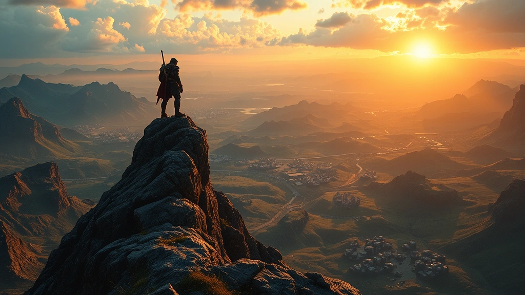 Epic fantasy landscape with a lone warrior standing atop a mountain overlooking vast kingdoms below, dramatic lighting with golden sunset, photorealistic fantasy art style, no UI elements or text visible