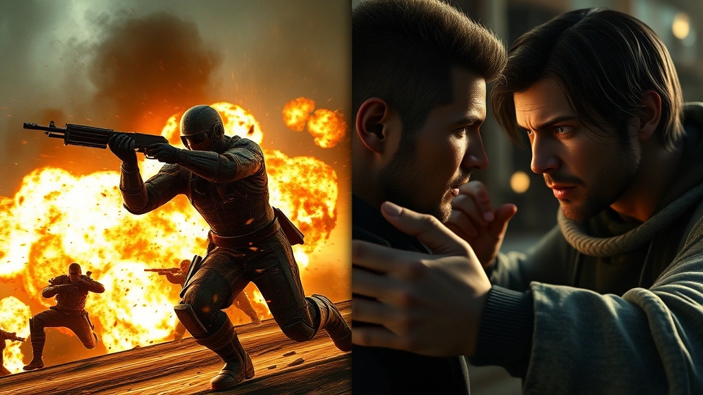 A split-screen showing two contrasting PS3 gaming moments: intense action combat on left side with explosions and dynamic movement, and intimate character dialogue scene on right side, photorealistic in-game quality, cinematic composition