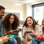 Diverse students of different ethnicities laughing together while playing an educational game on tablets and controllers in a bright, modern classroom, natural lighting, collaborative learning environment