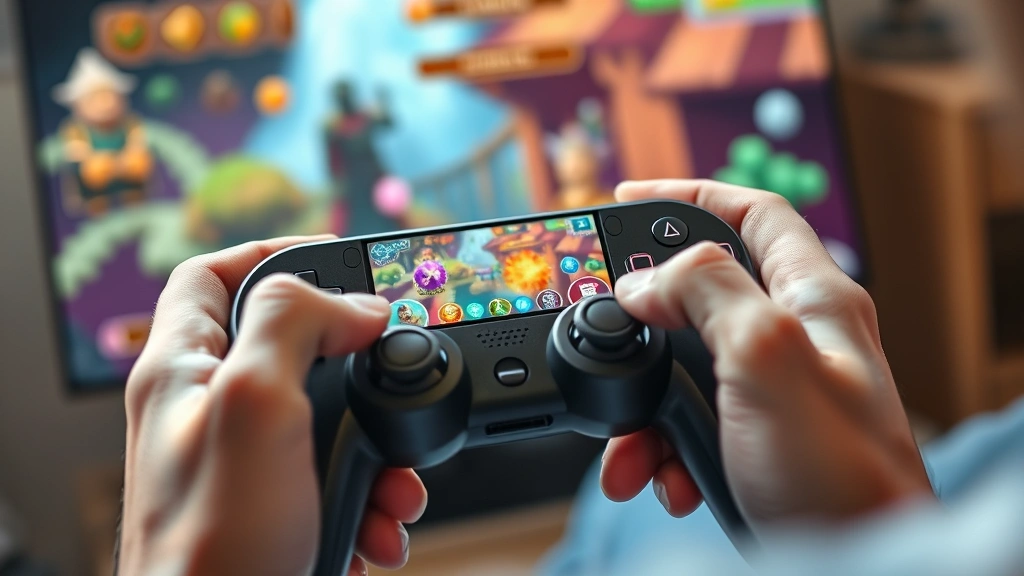 Close-up of a player's hands holding a game controller with a vibrant fantasy-themed purpose game displayed on screen, showing puzzle-solving and character interaction, immersive gaming moment