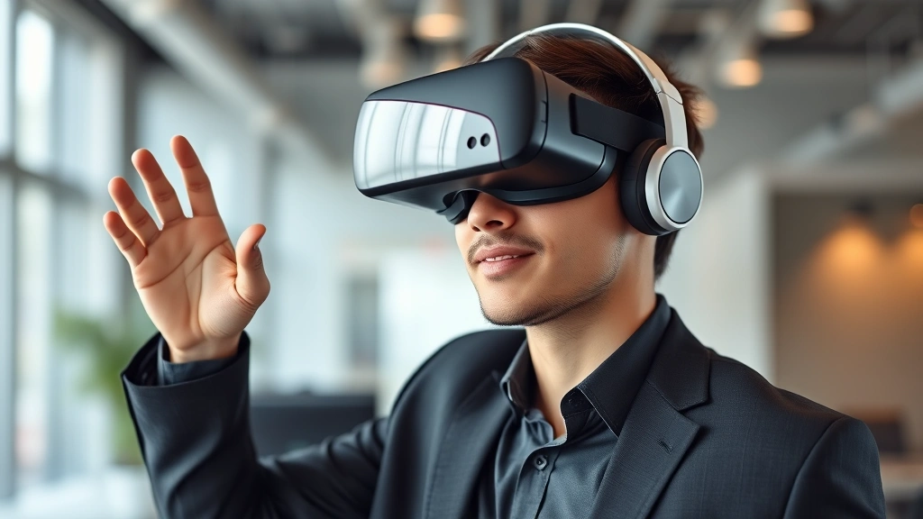 Professional adult in corporate setting using VR headset for training simulation, confident expression, modern office background blurred, representing workplace skill development through gaming