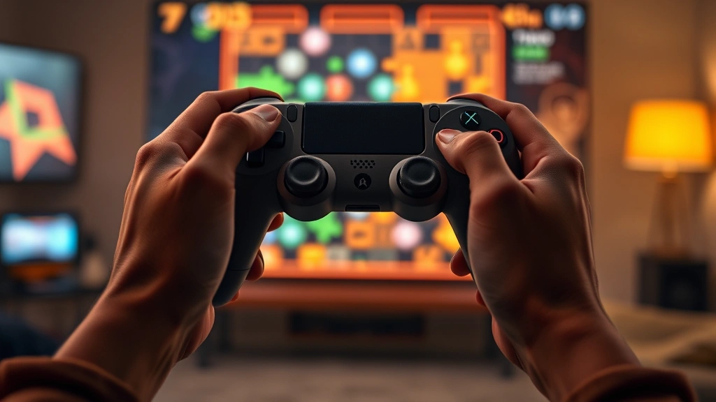 Player's hands holding a gaming controller with focused concentration, puzzle game interface glowing softly in background, warm ambient lighting, photorealistic style