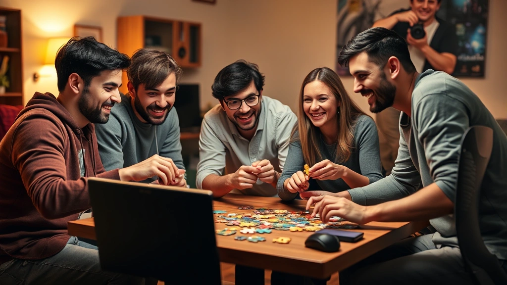 Diverse group of friends gathered around gaming setup solving puzzles together, joyful expressions, warm room lighting, photorealistic gaming scene