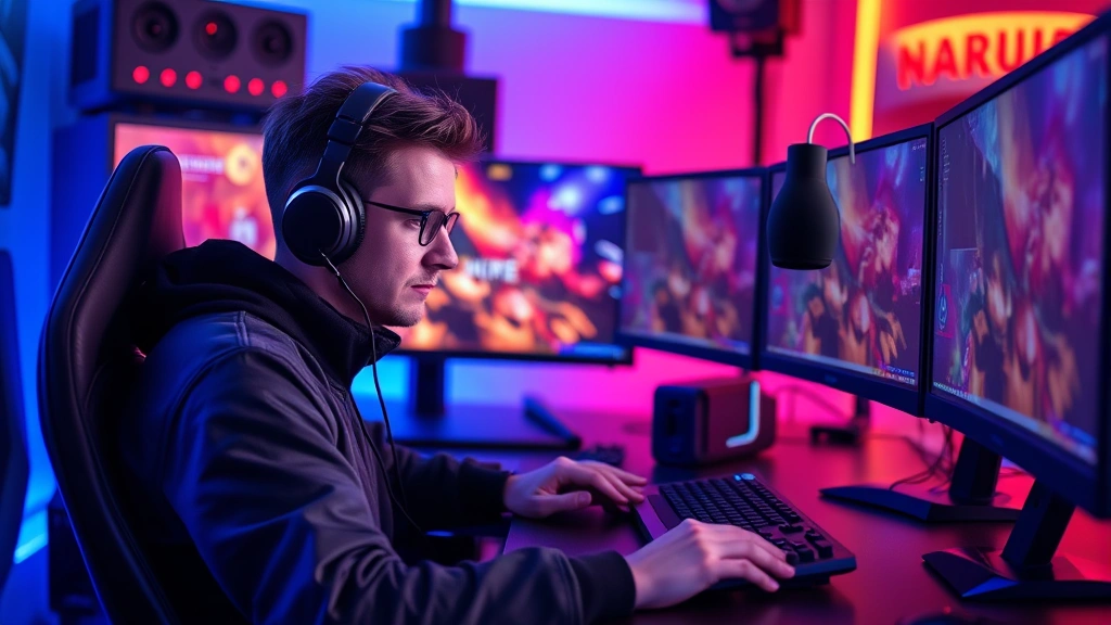 A professional gamer in a high-tech gaming setup with RGB lighting, sitting at a desk with a gaming mouse, mechanical keyboard, and multiple monitors displaying vibrant game scenes, focused expression, photorealistic, no UI or text visible