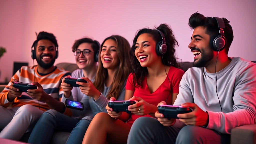 A diverse group of four gamers sitting on a couch playing video games together with controllers in hand, laughing and engaged, colorful game graphics reflecting on their faces, warm lighting, photorealistic, no game menus visible