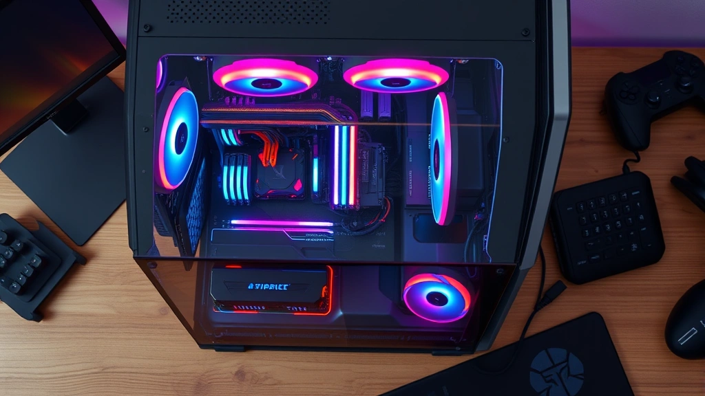 An overhead view of a premium gaming PC build with transparent side panel showing glowing components, RGB RAM, powerful GPU and CPU, cable management visible, sitting on a wooden desk with gaming peripherals nearby, photorealistic, no identifying text on components