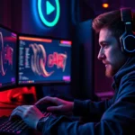 Professional gamer at high-end gaming setup with multiple monitors, intense focus expression, RGB lighting, hand on mouse mid-gameplay, photorealistic