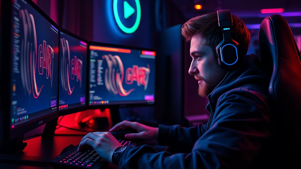 Professional gamer at high-end gaming setup with multiple monitors, intense focus expression, RGB lighting, hand on mouse mid-gameplay, photorealistic