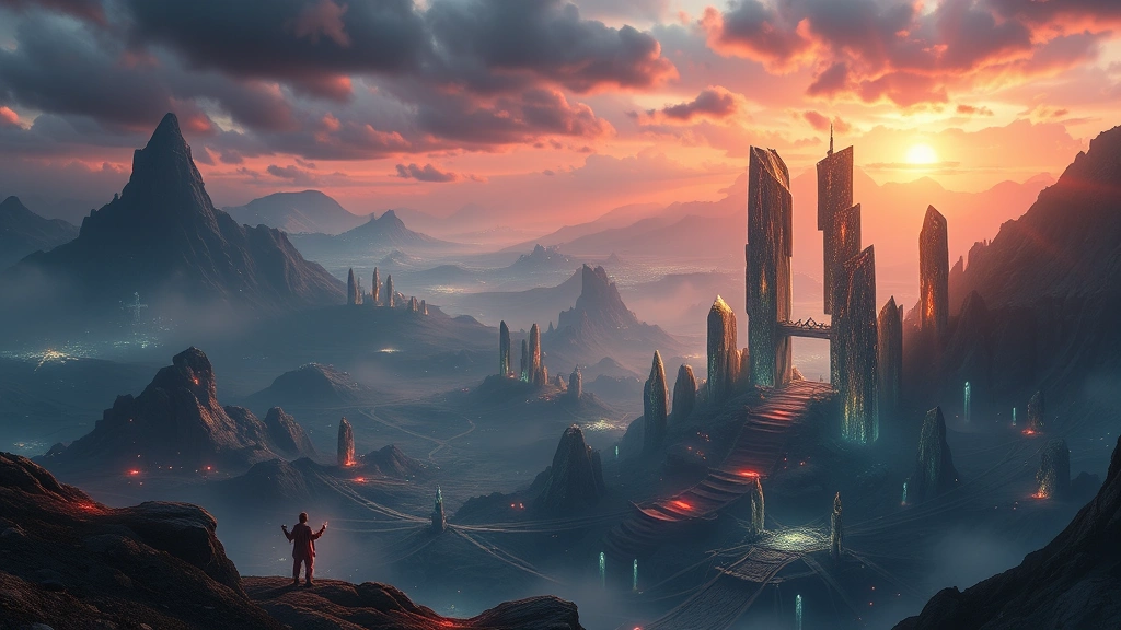 Epic fantasy landscape with glowing crystals and mystical atmosphere, vast open world vista, dramatic lighting and weather effects, no UI elements, cinematic quality