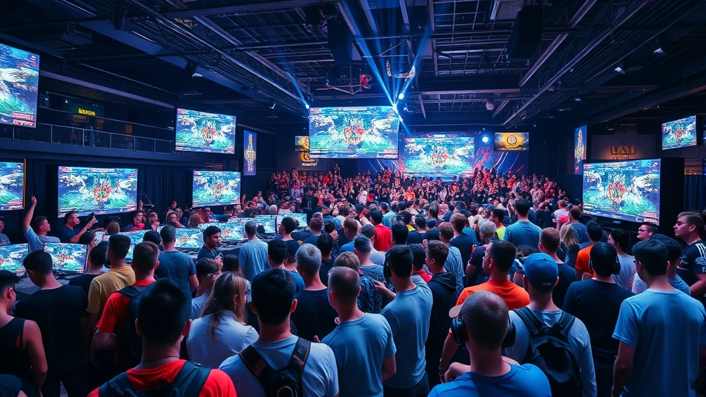 Gaming community gathering at esports arena with large screens displaying competitive gameplay, diverse crowd watching intently, professional tournament setting, vibrant energy